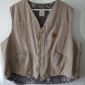 Vtg 90's Carhartt Vest Tan Canvas Aztec Pattern Lined Sherpa USA RARE Size 3XL